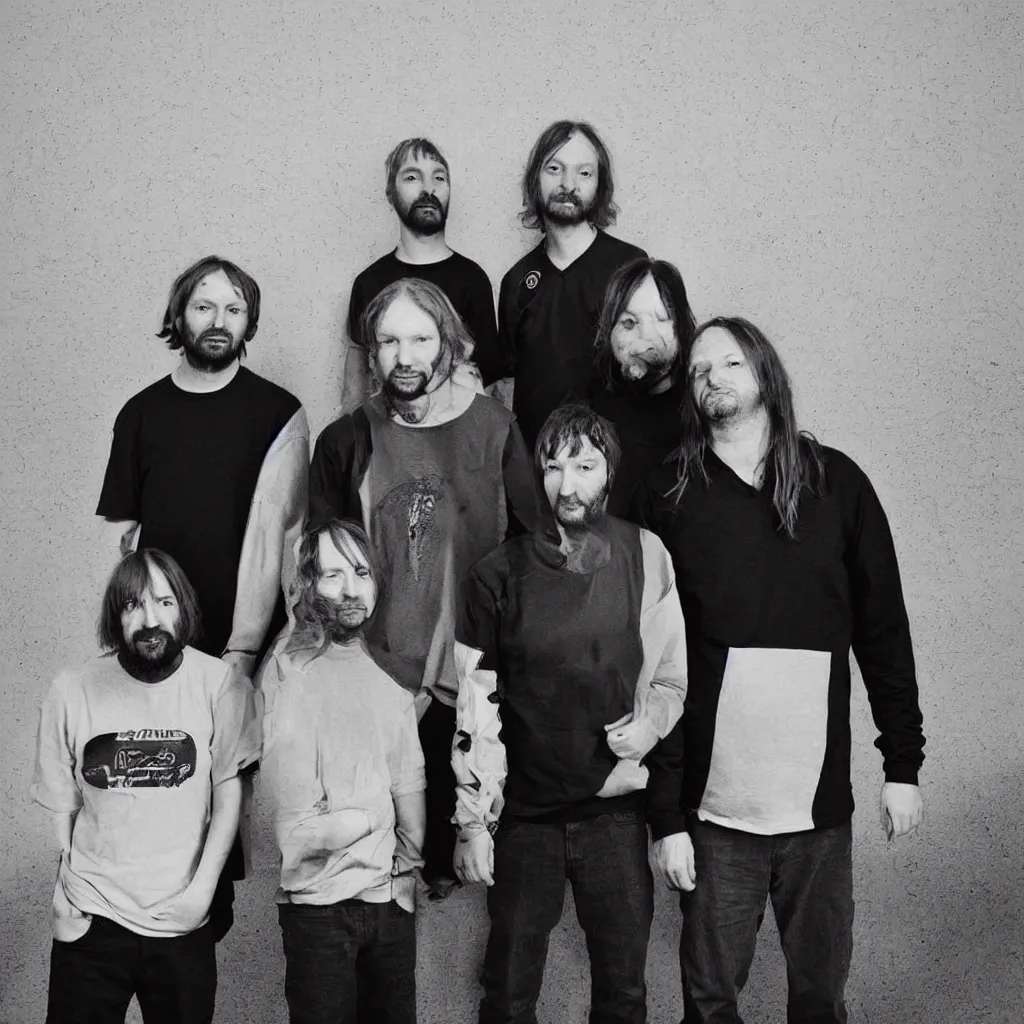 Prompt: band photo of aphex twin, squarepusher and autechre