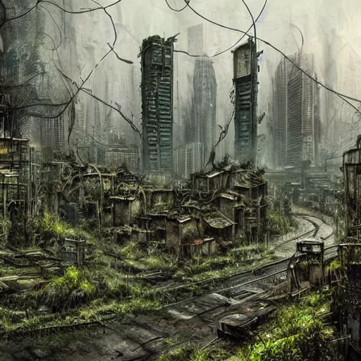 Prompt: decaying post - apocalyptic cityscape covered in moss and vines, extremely detailed, hyperrealistic, cinematic, haunting, sci - fi, dystopian