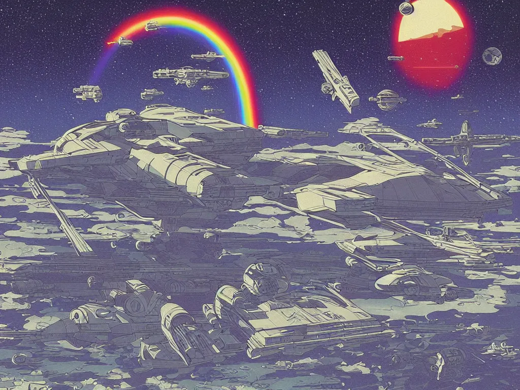 Prompt: the perfect star wars spaceship flying and squirting fluorescent liquid in the universe, small reflecting rainbow stars, flat design, screen print by Kawase Hasui and barclay shaw, in the foreground is a floating skeleton by douglas smith