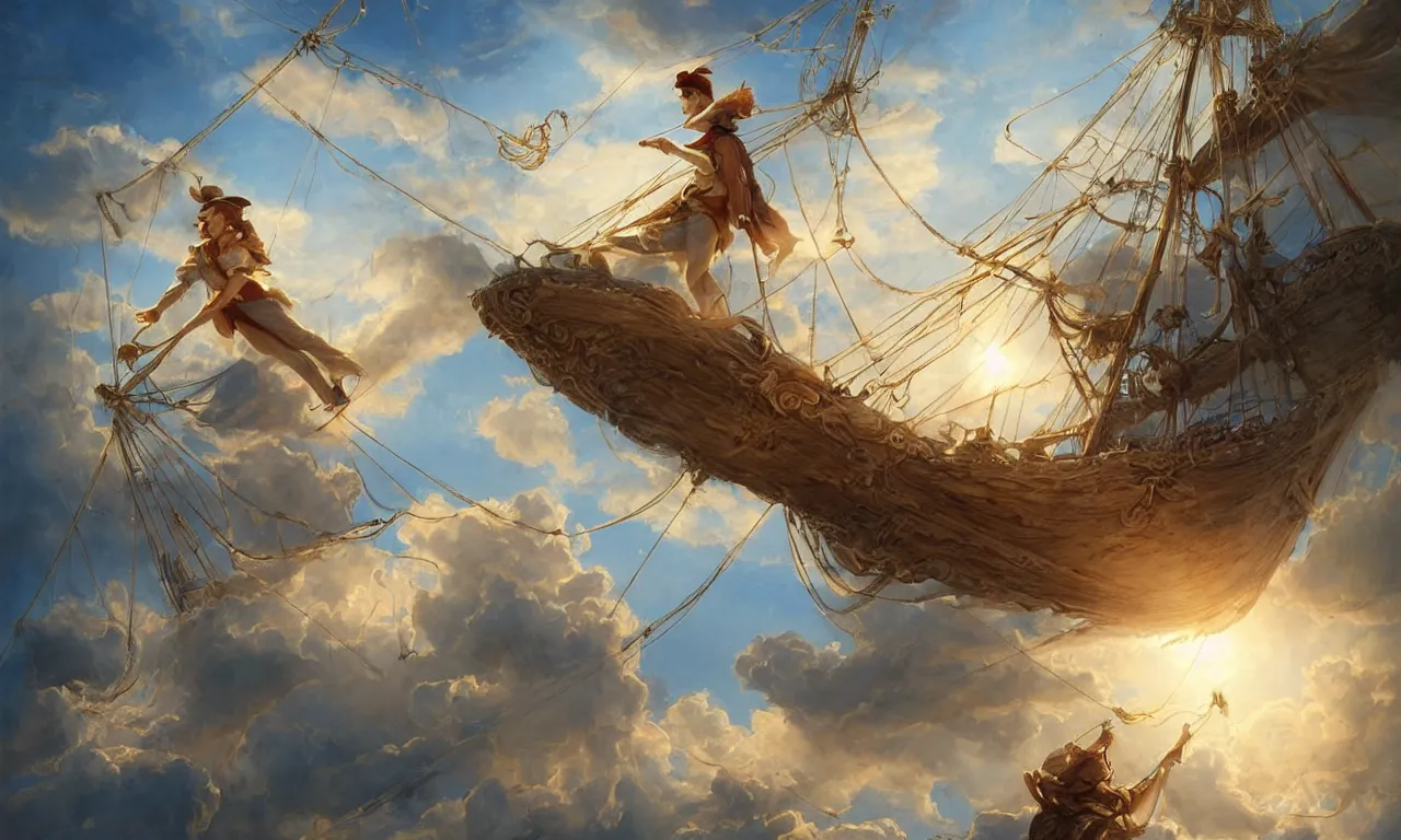 Image similar to a beautiful digital painting of peter pan, a white caravel flying in the clouds, birds in the sunlight, numerous golden ropes and intricated sails, blue sky at sunset, elegant, highly detailed, artstation, concept art, matte, sharp focus, art by tom bagshaw, kelogsloops and greg rutkowski