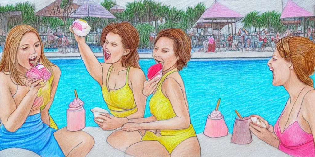 Image similar to colored pencil drawing of two women eating ice cream at the pool, one has two scoops of rainbow sherbet and the other has a huge waffle cone of vanilla