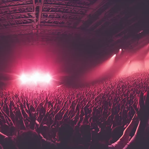 Prompt: a heavy metal band on stage at a concert, very small room with no crowd, center angle, close shot from back of room, professional photograph