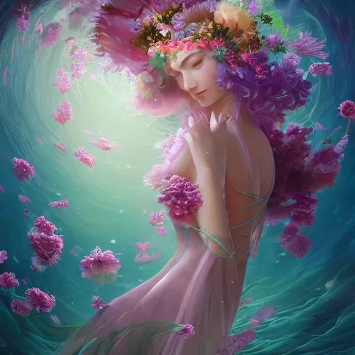 Prompt: Elven druid queen in a swirling sundress of flowers, underwater, floral explosion, radiant light, vortex of plum petals, by WLOP, Hasui Kawase and artgerm, artstation, deviantart