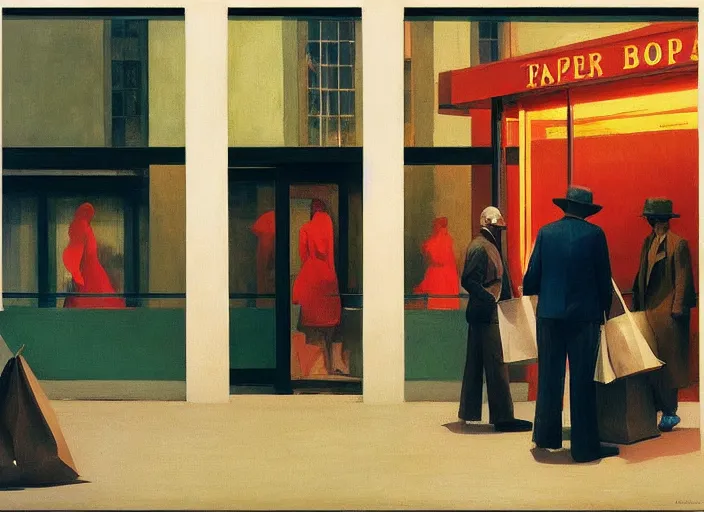 Prompt: people wearing paper bags inside paper bags at store display Edward Hopper and James Gilleard, Zdzislaw Beksinski, highly detailed