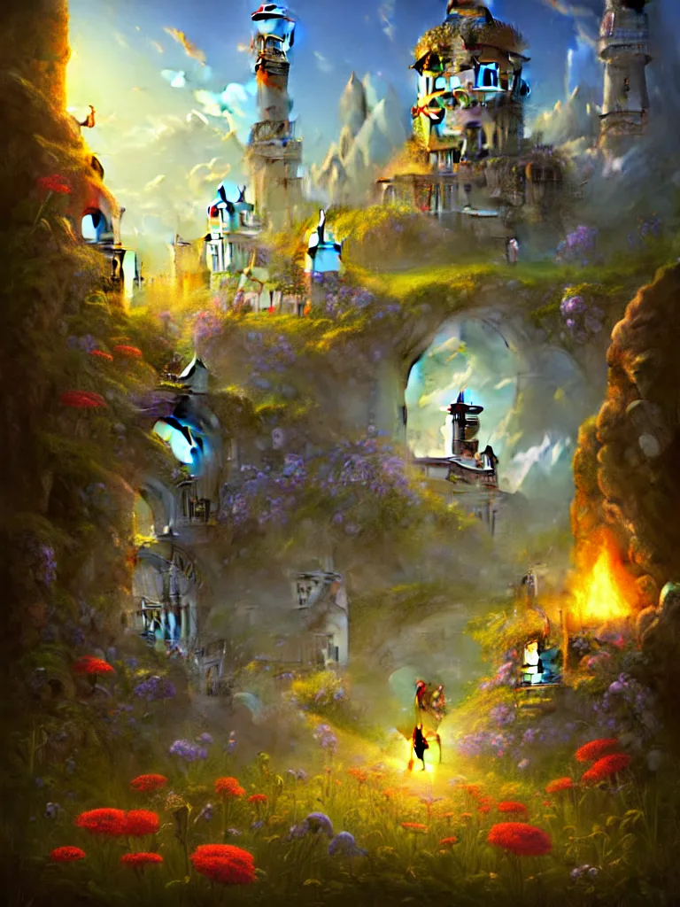 Image similar to a wizard tower in a meadow filled with ruins by Justin Gerard, blue fireball, sunny, flowers