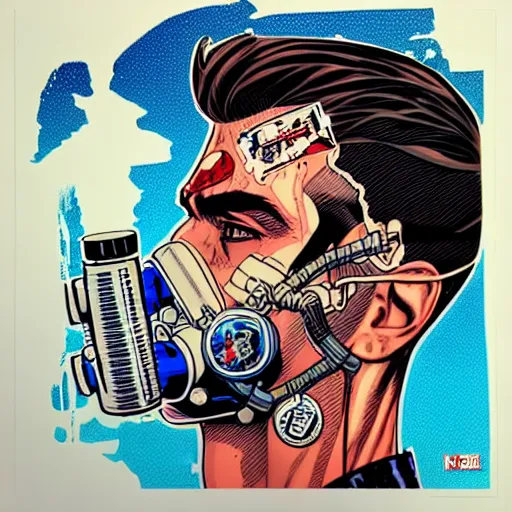 Prompt: a profile photo of an evil man with a diving oxygen mask with side profile blood in ocean intricate details by MARVEL comics and Sandra Chevrier-C