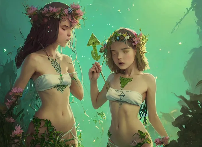 Image similar to two cute fairy girls with crown of flowers in plants bikini covered with celtic rune tattoos, fantasy, by atey ghailan, by greg rutkowski, by greg tocchini, by james gilleard, by joe gb fenton, by in kaethe butcher, dynamic lighting, gradient light green, brown, blonde cream and white color in scheme, grunge aesthetic