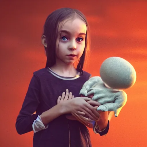Image similar to a little alien girl with big sad black eyes and long hair holds a doll in her hands, sci - fi, 3 d, mysterious atmosphere, photorealistic, ultradetails