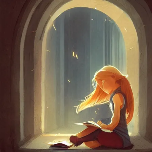 Image similar to a pixar girl reading a book, long hair flowing down, symmetrical!, style of by Jordan Grimmer and greg rutkowski, crisp lines and color,