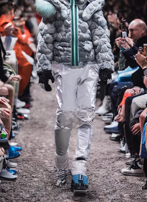 Image similar to hyperrealistic and heavy detailed Moncler runway show of rick and morty , Leica SL2 50mm, vivid color, high quality, high textured, real life