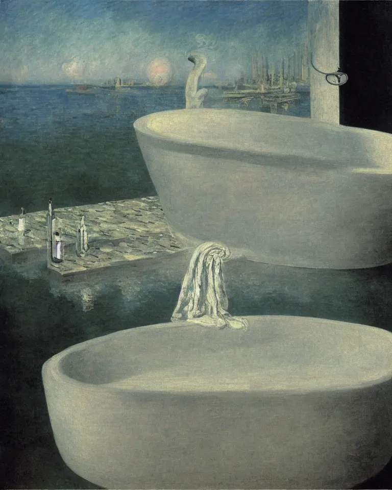 Image similar to achingly beautiful painting of a antique roman bathtub by rene magritte, monet, and turner. piranesi.