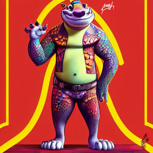 Image similar to in the style of artgerm, loish, anthropomorphic alligator, red scales on his back, yellow scale on his belly and chest, male, waring a hawaiian shirt, in the style of zootopia