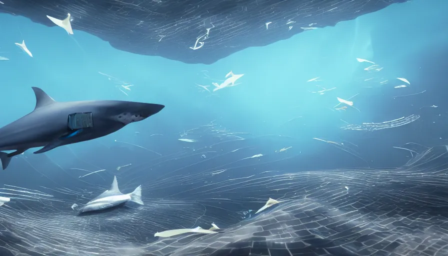 Image similar to highly futuristic school of fish flying through the sky towards an infinite shark god, unreal engine