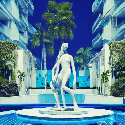 Image similar to a broken statue in a surreal underground white tiled swimming pool surrounded by neon lights and palm trees in vapor wave style, trending on artstation, 3D octane render, hyperrealistic, dramatic lighting, unreal engine, glowy, 8k, 4k, raytracing