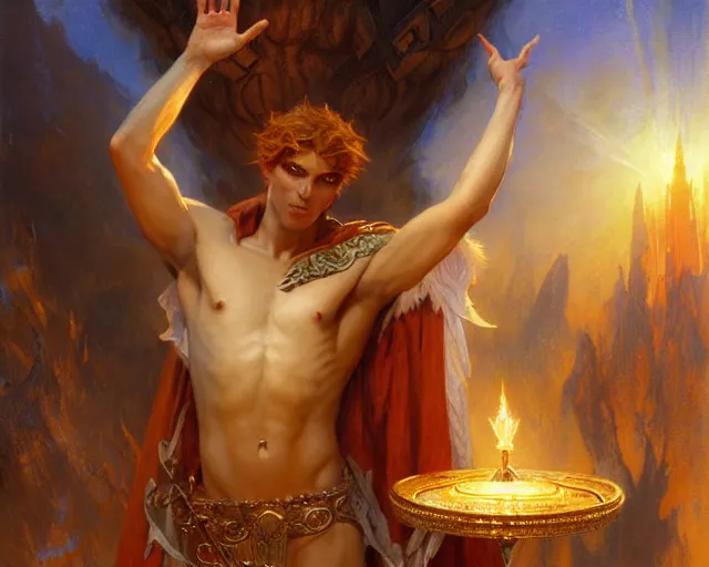 Image similar to attractive male deity, casting demonic magic, summoning handsome lucifer morning star. highly detailed painting by gaston bussiere, craig mullins, j. c. leyendecker 8 k