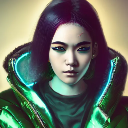 Prompt: young Asian Cyberpunk woman with green hair, Close up portrait, wearing a leather jacket, hyperdetailed, artstation, cgsociety, 8k, nighttime, city background