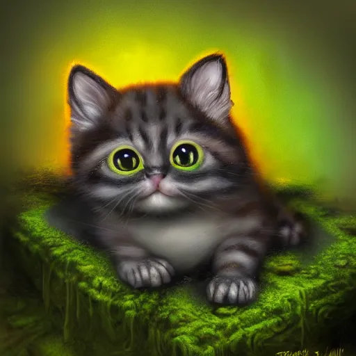 Image similar to rescue from the underworld, shadows of the past, chubby moss kitten, highly detailed, digital painting, HDRI, by tyler boswell and jeff easley, vivid colors, high contrast, 8k resolution, intricate, photorealistic, smooth