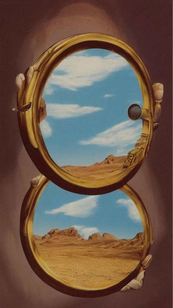 Image similar to 1 9 8 0 s airbrush surrealism illustration of a mirror in desert