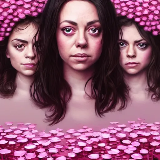 Image similar to pink petals with a ahape of a wonderful aubrey plaza and christina ricci and sarah hyland and mila kunis and olivia newton john, intricate, elegant, highly detailed, wonderful eyes, sweet, digital painting, artstation, concept art, smooth, sharp focus, illustration, art by artgerm and greg rutkowski and concept art