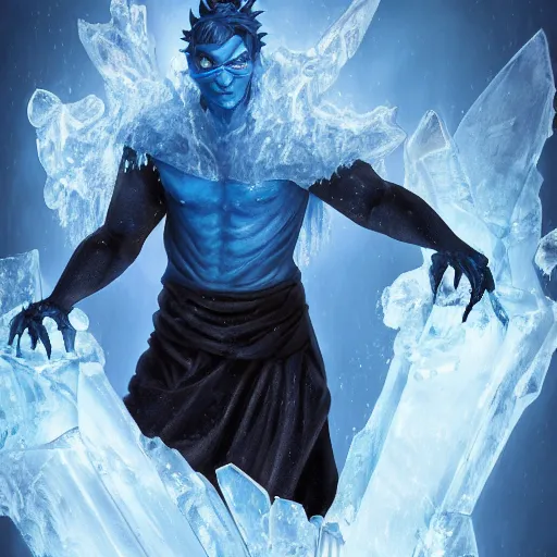 Prompt: a blue tiefling man frozen in a block of ice and being shattering into a million pieces, wearing dark cloths, ice block, cracked, destroyed, shattering, breaking, by Tony Sart, detailed, realistic, masterpiece