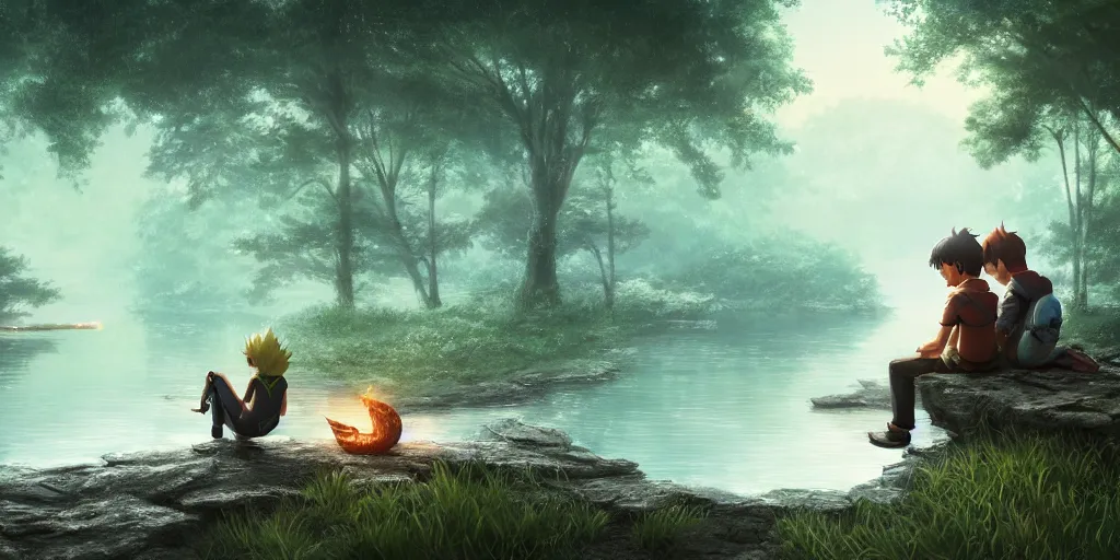 Image similar to a silver dragon and a boy sitting next to lake in forest, many fireflys, at night, concept art, dof, cryengine, digital art, detailed background, makoto shinkai