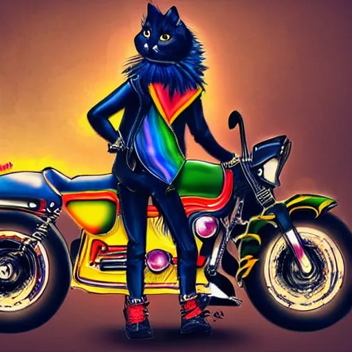 Image similar to wide angle full body, jacket wearing fluffy cute rainbow kitten wearing a black leather motorcycle jacket, riding on a motorcycle, cinematic concept art