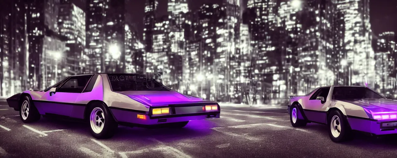 Prompt: 80s black sports knightrider KITT car parked on deserted city street at night time purple lighted street retro-wave vibes grainy soft motion blur