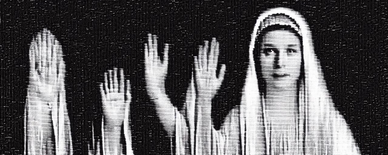 Image similar to vhs static overlay of marian apparition, vhs, 1 9 9 0, highly realistic, highly detailed, vhs noise static, black and white, vhs glitch