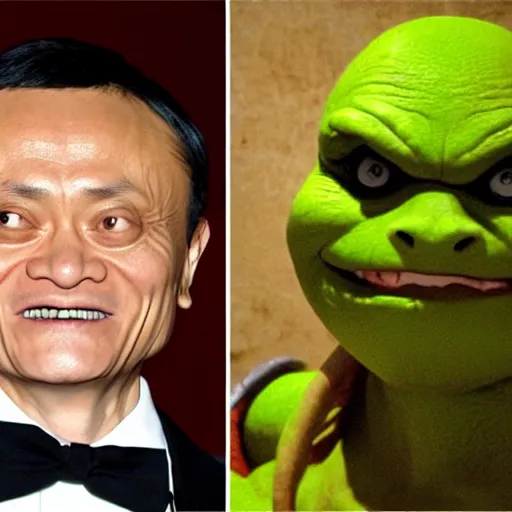 Image similar to jack ma tiny face enlarge cranium in the body form of crang from teenage mutant ninja turtles photo portrait