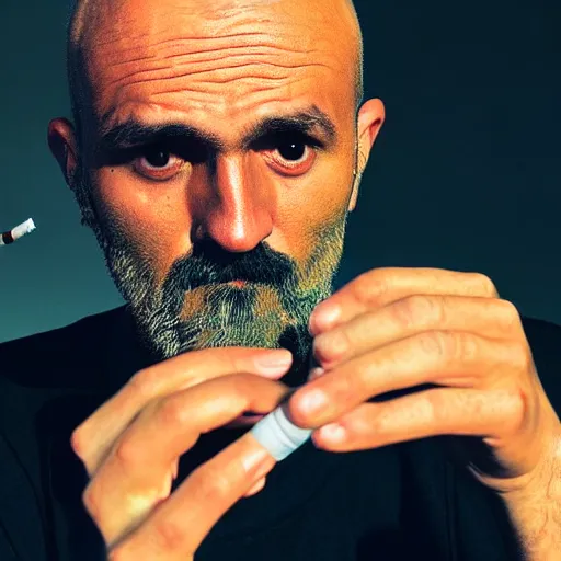 Image similar to very accurate photo, very coherent image, hyper realistic photo of a man holding a cigarette in a hand, by Omar Reda, Tim Booth, award-winning shot