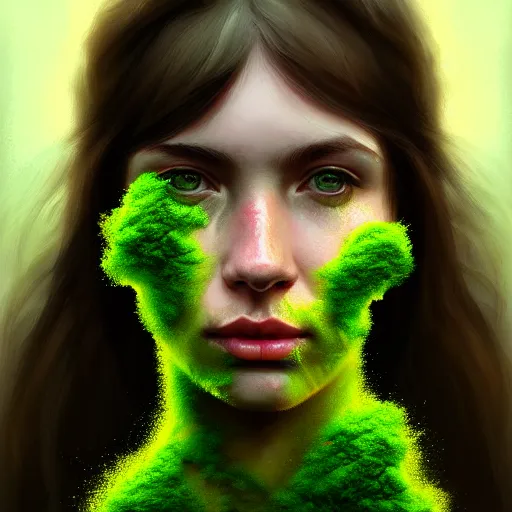 Prompt: a portrait of a girl covered in moss, face, intricate, elegant, highly detailed, digital painting, artstation, concept art, smooth, sharp