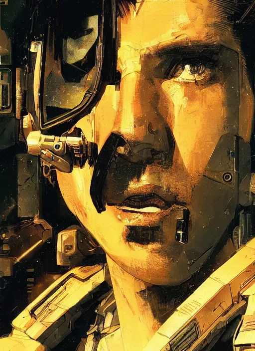 Image similar to cyberpunk space pilot character ( blade runner 2 0 4 9, dystopian, cyberpunk 2 0 7 7 character design ). attractive face. portrait by james gurney and laurie greasley and yoji shinkawa, oil on canvas. cinematic composition, hyper realism, realistic proportions, anatomy, dramatic lighting, photorealistic, high detail, 4 k