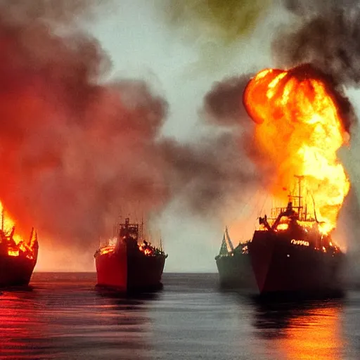 Prompt: burning ships, red-green color photograph