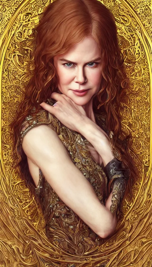 Prompt: young nicole kidman, fame of thrones, fibonacci, sweat drops, intricate fashion clothing, insane, intricate, highly detailed, surrealistic, digital painting, artstation, concept art, smooth, sharp focus, illustration, unreal engine 5, 8 k, art by artgerm and greg rutkowski and alphonse mucha