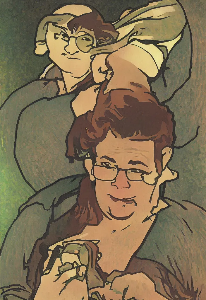 Image similar to yann lecun as shrek, in art style by alphonse mucha