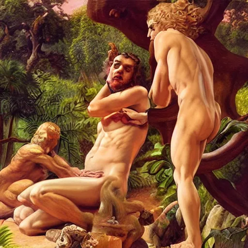 Image similar to Close-up of God being angry in the Garden of Eden. Adam and Eve look very guilty and the snake is leaving the scene quietly - elegant, highly detailed, centered, Joseph Christian Leyendecker, Boris Vallejo, Artgerm