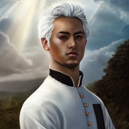 Image similar to a portrait of a young handsome prince, fringy white hair, white shirt, black tunic, smooth, epic clouds, beautiful landscape, backlit, incredible lighting, strong rim light, highly detailed, god rays, digital painting, HDRI, by Heise Jinyao, Heise-Lian Yan Fang, Feimo, Richard Taddei, vivid colors, high contrast, 8k resolution, intricate, photorealistic