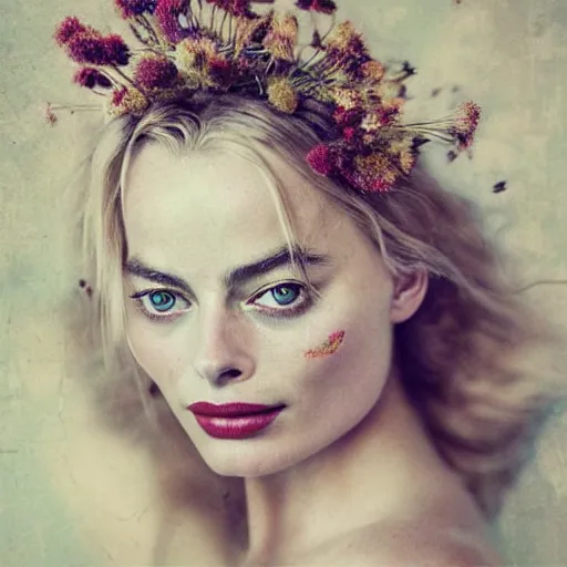 Prompt: fine art photo of the beauty goddess margot robbie, she has a crown of dried flowers, by oleg oprisco