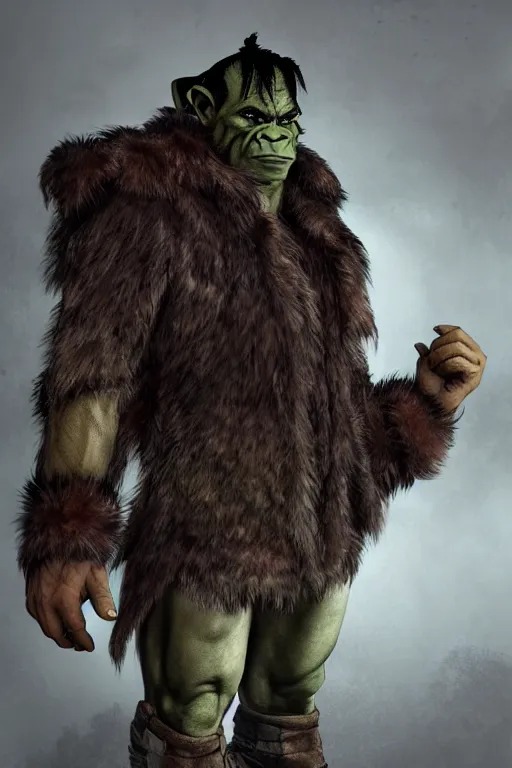 Image similar to A full body shot of a handsome half-orc looking into the camera wearing a leather fur jacket and boots, full body shot, detailed face, portrait, artstation, realistic, highly detailed, symmetrical, D&D, Dungeons & Dragons, hyper realistic, dynamic pose, high detail, octane render, unreal engine, 8k, fantasy art, highly detailed, dramatic lighting, concept art