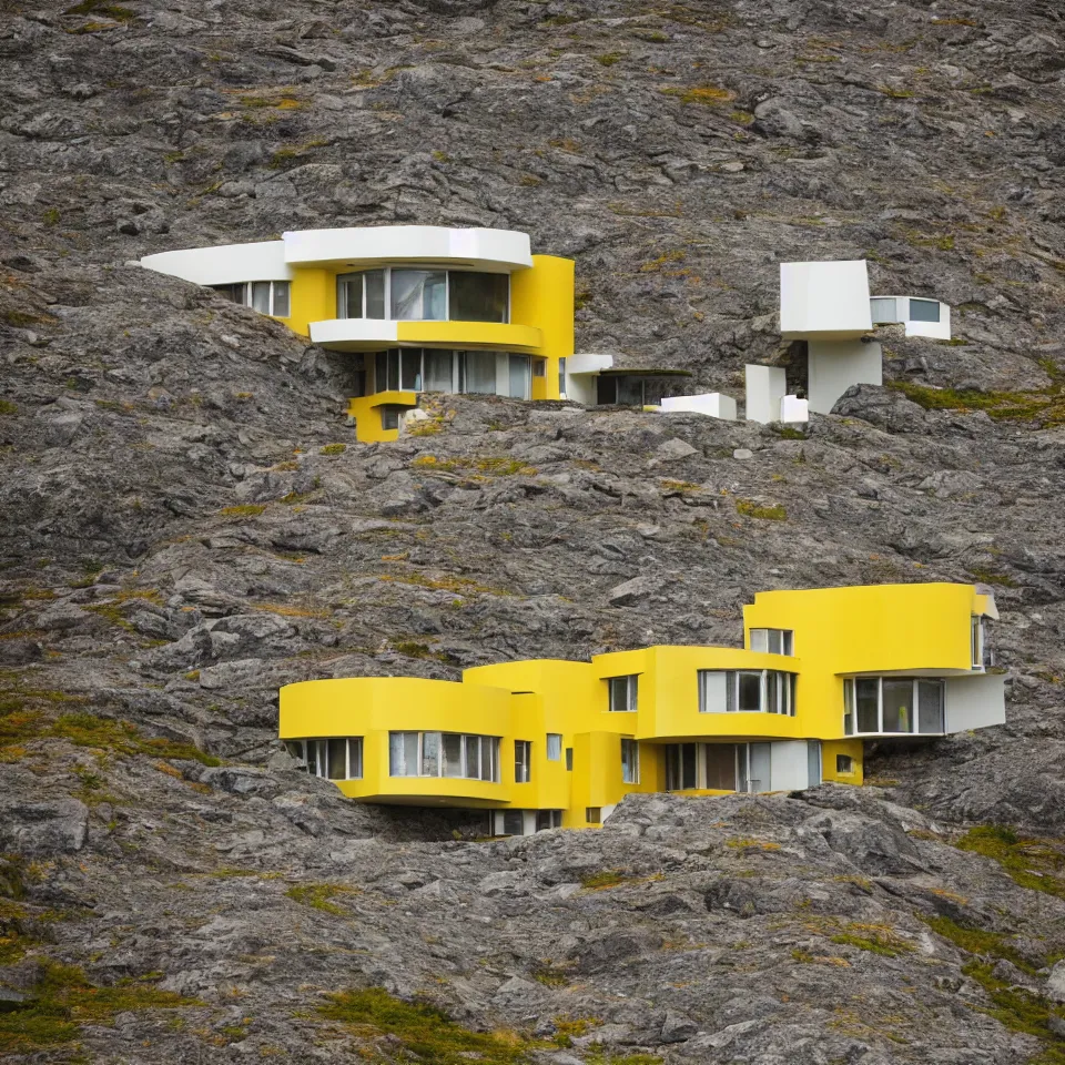 Image similar to a big mid-century modern house on top of a cliff in the arctic, designed by Frank Gehry, with a long gravel pathway towards it. Big tiles. Film grain, cinematic, yellow hue