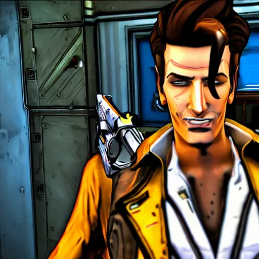 Prompt: Handsome Jack posing infront of the vault, photograph, Borderlands 2