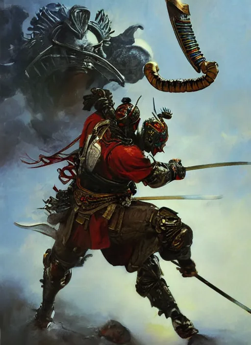 Image similar to A full portrait oil painting of a godlike and psychedelic helmeted and masked Samurai holding a katana above his head an running into battle, japanese god of war armor, by Frank Frazetta, Greg Rutkowski, Boris Vallejo, epic fantasy character art, Exquisite detail, post-processing, low angle, masterpiece, cinematic, lightning