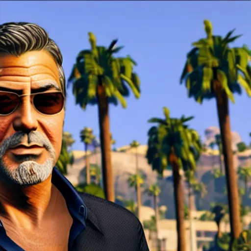 Image similar to george clooney in gta v. los santos in background, shallow depth of field, palm trees in the art style of stephen bliss