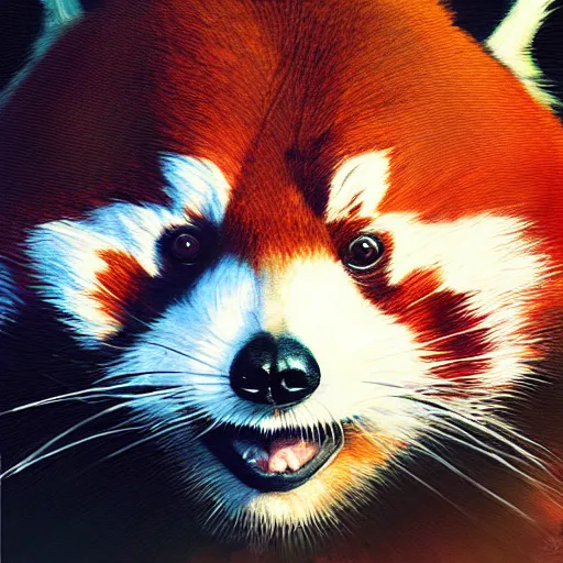 Image similar to red panda as it specialist, digital illustration portrait design, by android jones and greg rutkowski, retrowave color scheme, detailed, cinematic lighting, wide angle action dynamic portrait