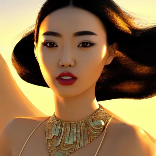 Image similar to innovative avant-garde art, deco fashion, asian women, highly detailed, photorealistic portrait, serene desert setting, golden hour, crisp quality and light reflections, unreal engine 5 quality render