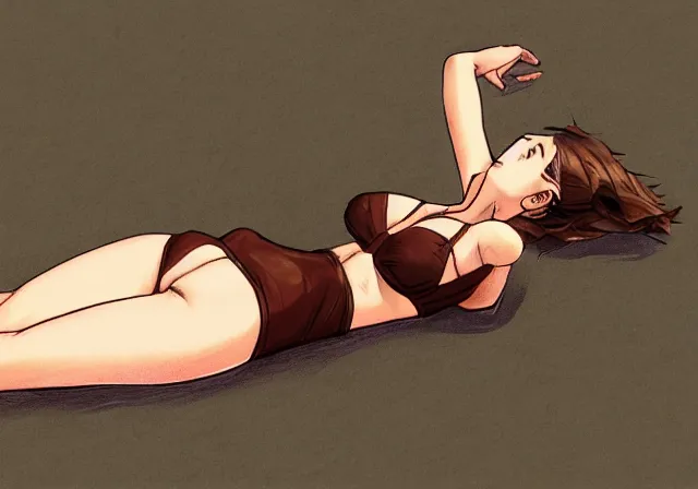 Image similar to A girl with short brown hair, wearing a swimsuit, laying on the beach drawn by WLOP, by Avetetsuya Studios, attractive character, colored sketch anime manga panel, trending on Artstation