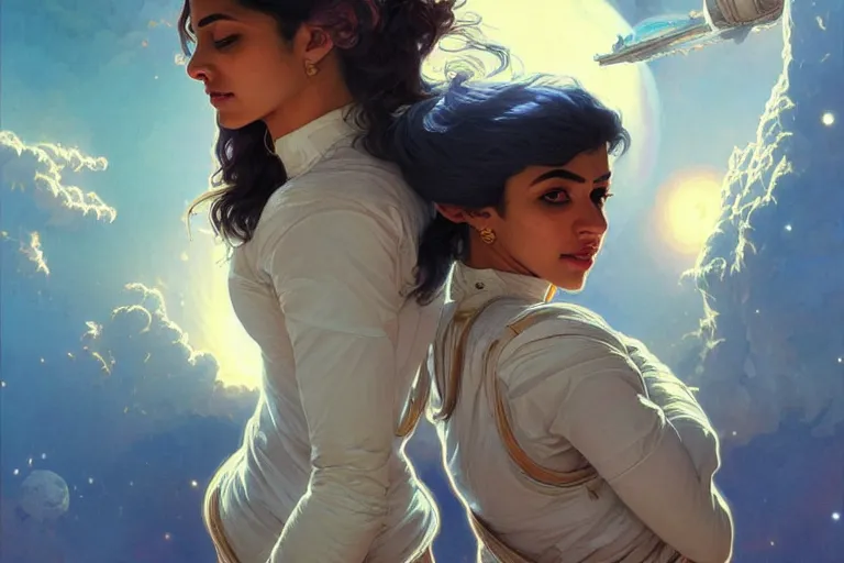 Image similar to Sensual good looking pale young Indian doctors wearing jeans in a space station above Earth, portrait, elegant, intricate, digital painting, artstation, concept art, smooth, sharp focus, illustration, art by artgerm and greg rutkowski and alphonse mucha