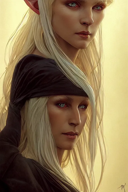 Image similar to portrait of an old blonde elven mage, dark, piercing eyes, gentle expression, elegant clothing, photorealistic, highly detailed, artstation, smooth, sharp focus, art by michael whelan, artgerm, greg rutkowski and alphonse mucha