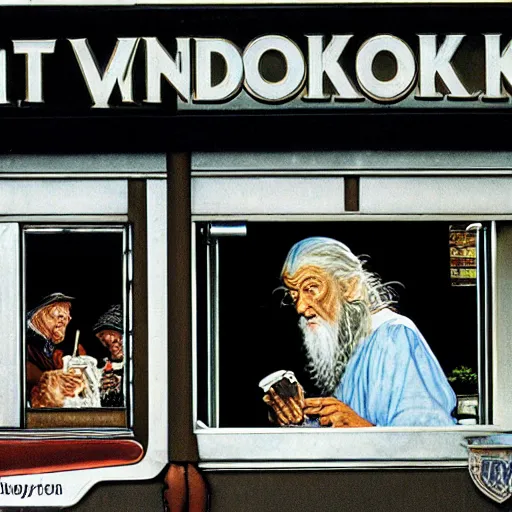 Image similar to gandalf in the drive thru at wendy's working on the weekend by norman rockwell 8 k