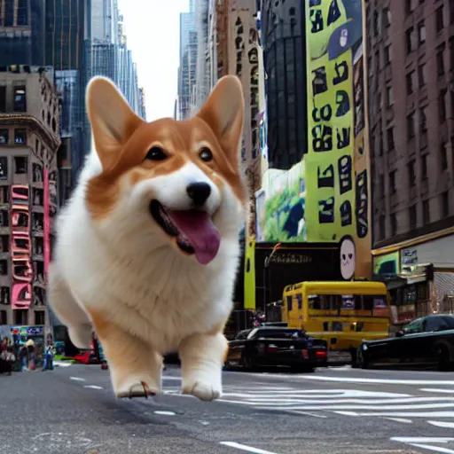 Image similar to 8k highly detailed photograph of a giant 80 foot tall adorable corgi invading New York City. cute destruction